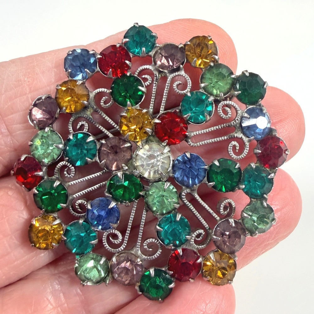 Vintage Rainbow Rhinestone Brooch 1940s Glowing Glass Silver Tone